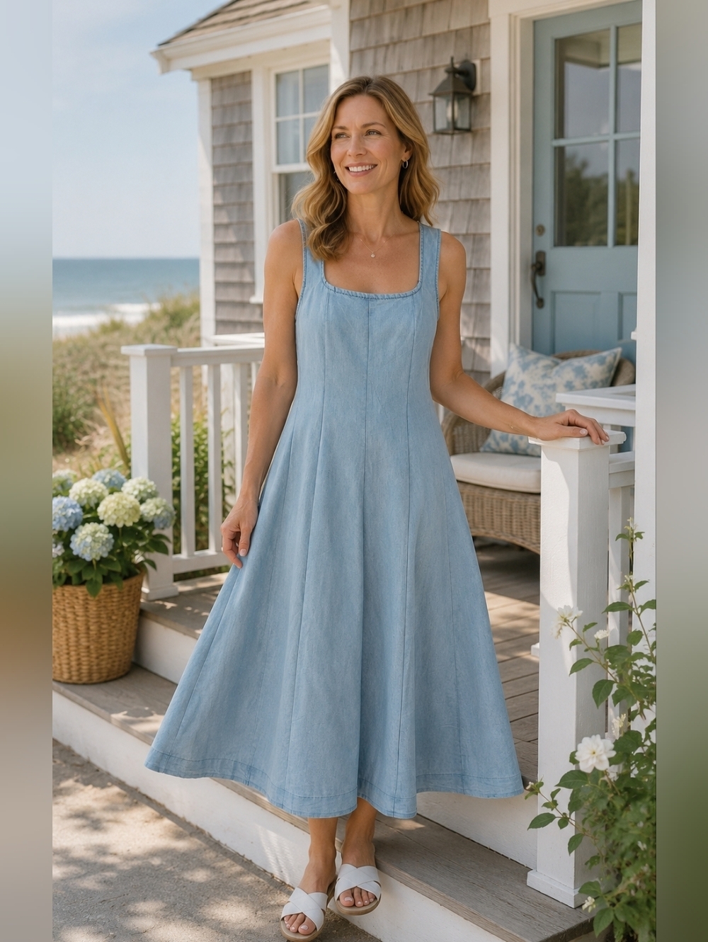 Meadow Rhodes Cotton Light Wash Flare Sleeveless Midi Dress Square Neck Size S